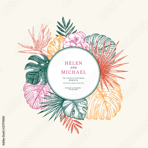 Colored wedding invitation with exotic flowers and leaves. Card design template. Vector illustration