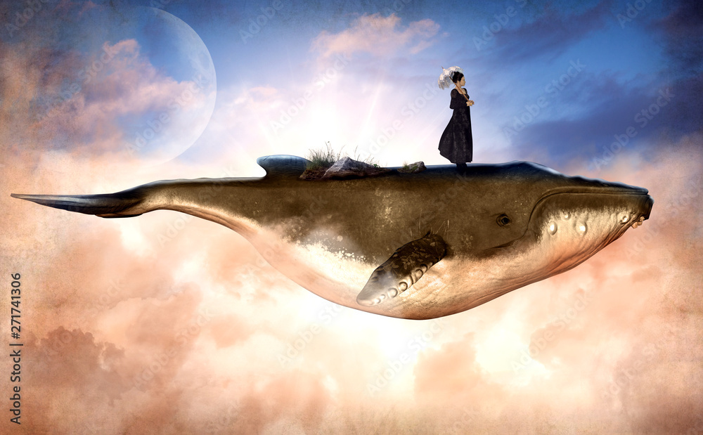 Fototapeta Surreal Flying Humpback Whale and a Woman on Top