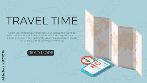 Time to travel concept template. Contains a world map, mobile phone, compass and space for text. Can be used for web banner, website, advertising. Isometric vector illustration on light background. 
