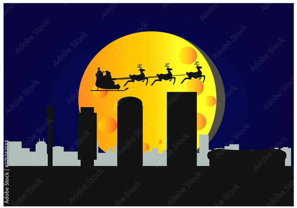 santa claus flying over skyline of johannesburg city