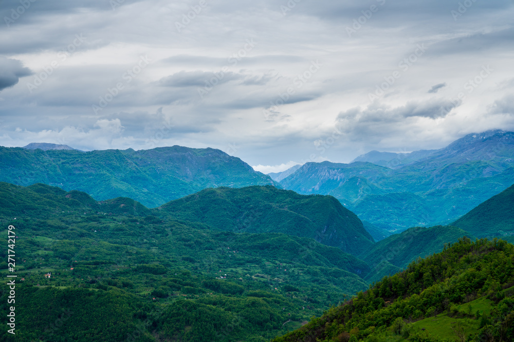 Montenegro, Green valley and mountains of pretty moraca canyon nature countryside from above Montenegro, Green valley and mountains of pretty moraca canyon nature countryside from above