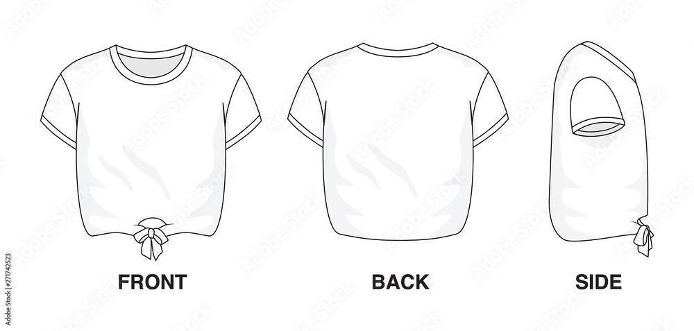 Isolated Crop Top t-shirt with Ribbon object of clothes and fashion stylish wear fill in blank shirt. Regular Tee Crew Neck Sleeves Bow Cropped Illustration Vector Template. Front, back and side view Isolated Crop Top t-shirt with Ribbon object of clothes and fashion stylish wear fill in blank shirt. Regular Tee Crew Neck Sleeves Bow Cropped Illustration Vector Template. Front, back and side view