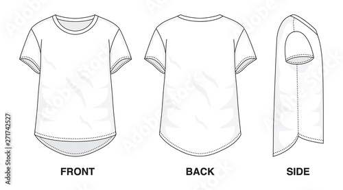 Isolated Baggy Loose Asymmetrical t-shirt object of clothes and fashion stylish wear fill in blank shirt. Regular Tee Crew Neck Sleeves Illustration Vector Template. Front, back and side view