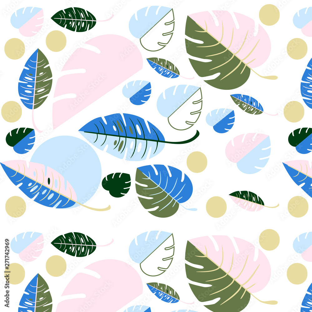 Vector neon summer pattern with tropical leaves. The beautiful leaves of Monstera and fern are blue neon leaves and pink leaves. Seamless pattern