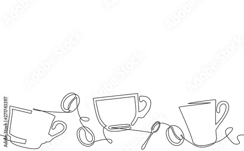 Coffee Pattern. Background with cups and  beans. Morning coffee modern concept. One Line style. Vector illustrytion.