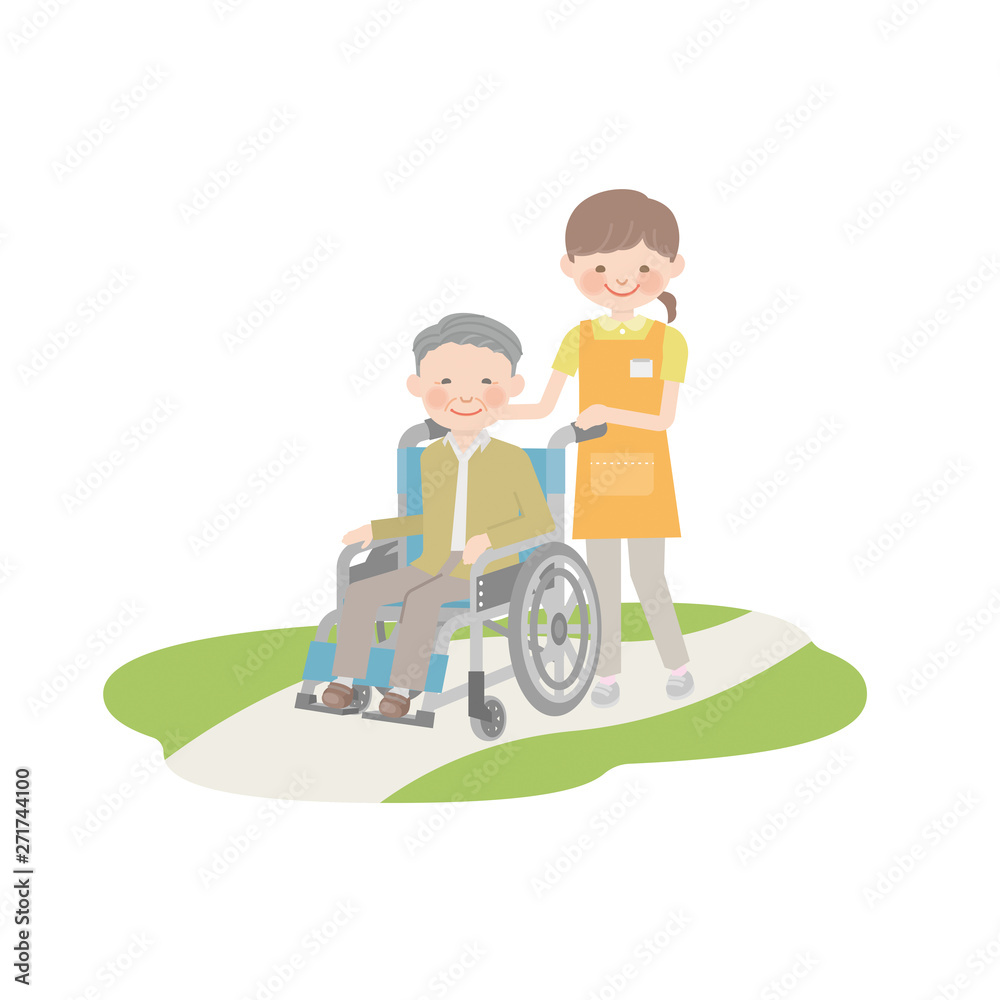 車椅子を引く介護士とおじいちゃん