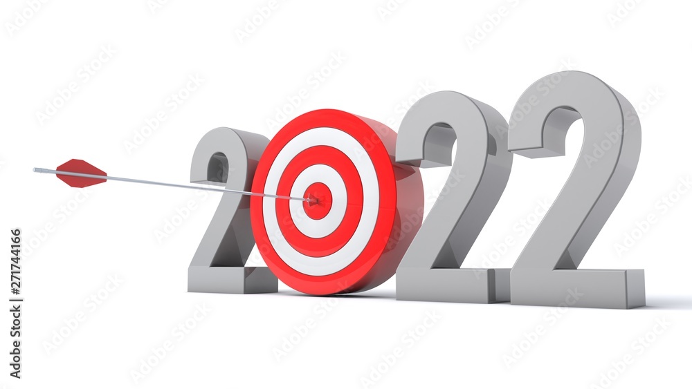 3D illustration of number 2022 with target concept 3D illustration of number 2022 with target concept