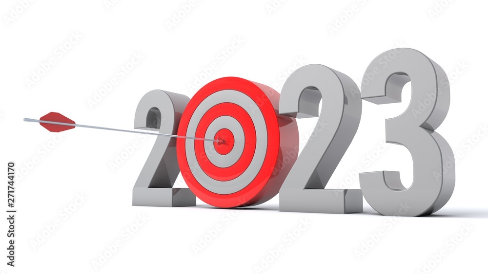 3D illustration of number 2023 with target concept