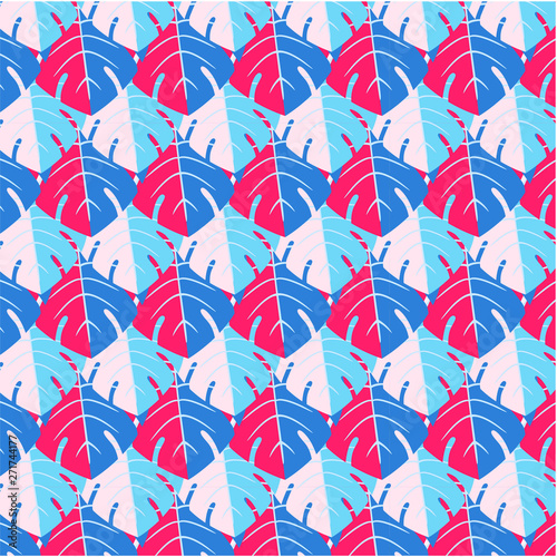 Bright neon summer pattern with tropical leaves. Beautiful monstera leaves - blue neon leaves and pink leaves closeup. Seamless pattern