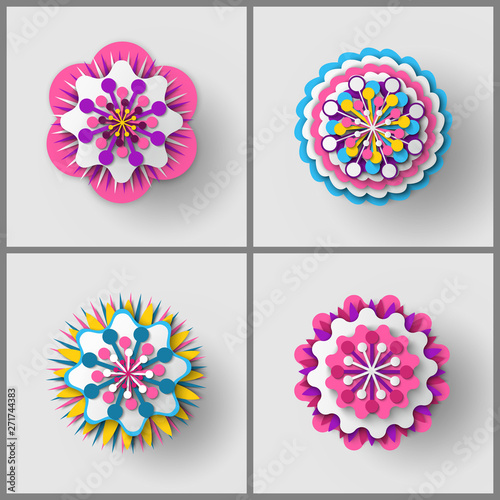 Paper cut origami of flower, colorful blossom ornament with shadow, 3d view of floral symbol, greeting or poster decorated by bouquet, festive vector