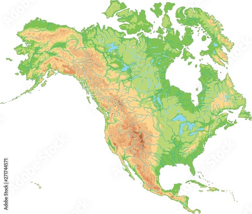 High detailed North America physical map.