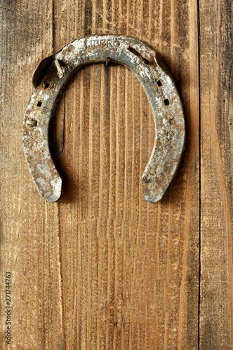 Close up of an horseshoe (clout) on wooden background. Vertical, copy space text