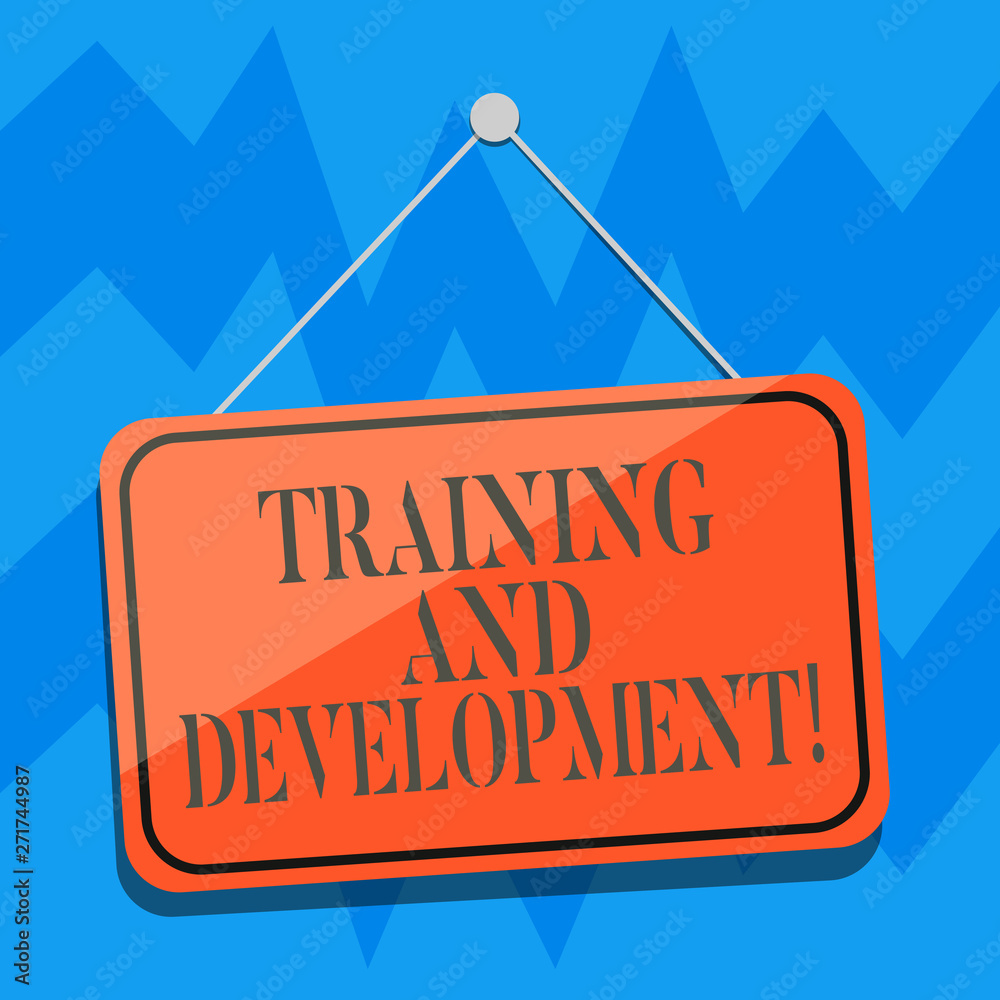 Text sign showing Training And Development. Conceptual photo constant organizational improvement process Blank Hanging Color Door Window Signage with Reflection String and Tack Text sign showing Training And Development. Conceptual photo constant organizational improvement process Blank Hanging Color Door Window Signage with Reflection String and Tack