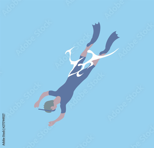 Diver in flippers and mask diving into deep sea waters, top view. Vector snorkeling man in protective swimsuit spend free time at summer. Active way of life