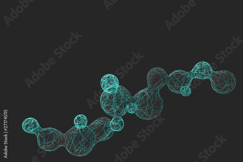 Abstract dark background with the image of dividing balls woven from a variety of bright colored threads. 3D illustration