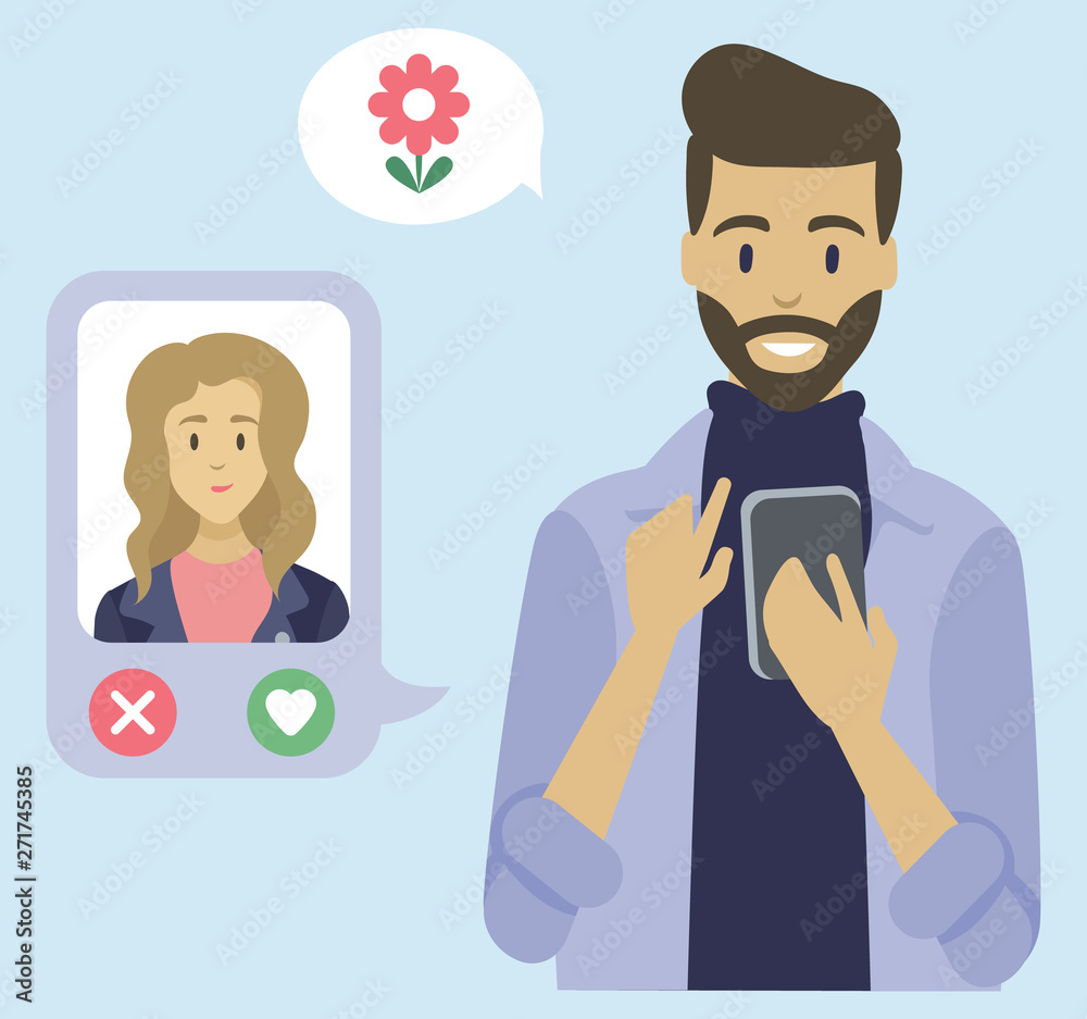 Portrait view of man using dating app in smartphone, modern online communication with wireless device, male and female, social network, phone vector Portrait view of man using dating app in smartphone, modern online communication with wireless device, male and female, social network, phone vector