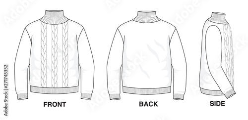 Isolated object of clothes and fashion stylish wear fill in blank shirt Cable Knit sweater. Front, back and side view