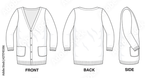 Isolated object of clothes and fashion stylish wear fill in blank shirt long cardigan sweater. Front, back and side view
