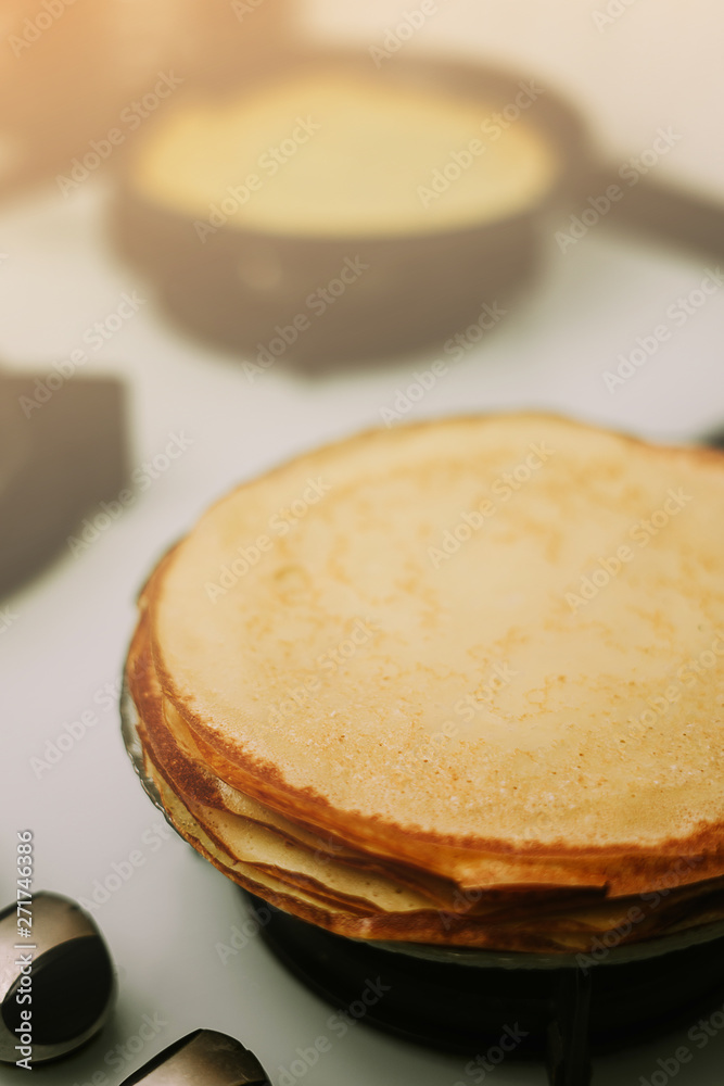Russian pancakes on the plate delicious breakfast Russian pancakes on the plate delicious breakfast