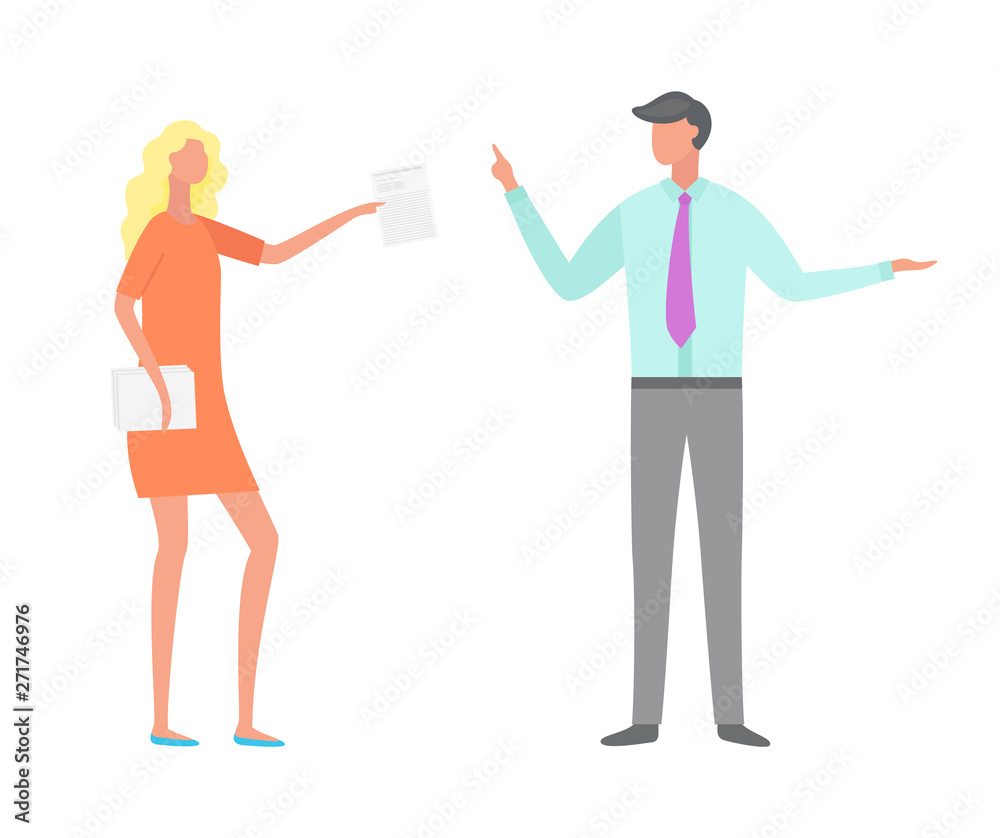 People wearing formal clothes vector, boss and staff. Woman and man talking about business, lady holding documentation and reports on work tasks flat style People wearing formal clothes vector, boss and staff. Woman and man talking about business, lady holding documentation and reports on work tasks flat style