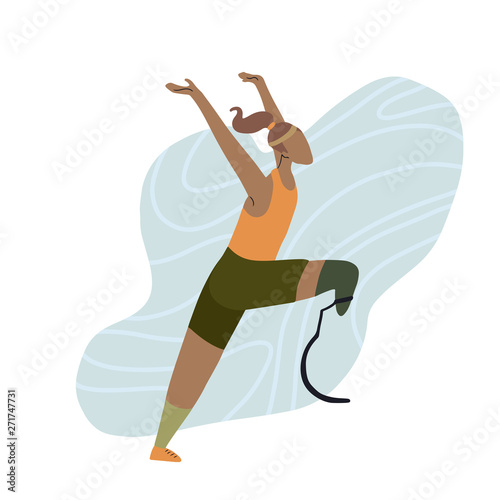 Flat illustration of african happy girl runner with prosthetic leg. Marathon runner at the finish. Stylized strong athletic woman. Sport for all. Vector art for card, article and your creativity