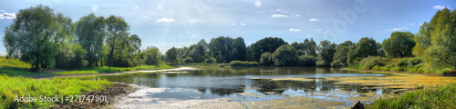 Summer panorama of a picturesque pond on a Sunny day