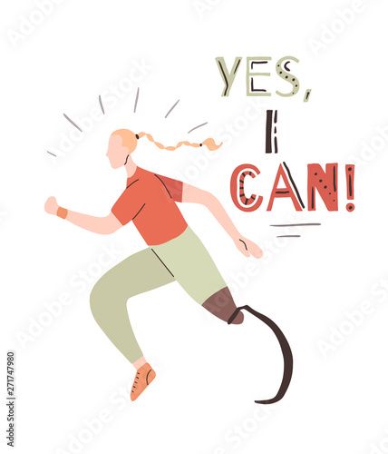 Poster with lettering Yes, I can and flat african girl runner with prosthetic leg. Jogger sportswoman. Motivation quote with stylized strong athletic woman with disability. Sport for all.