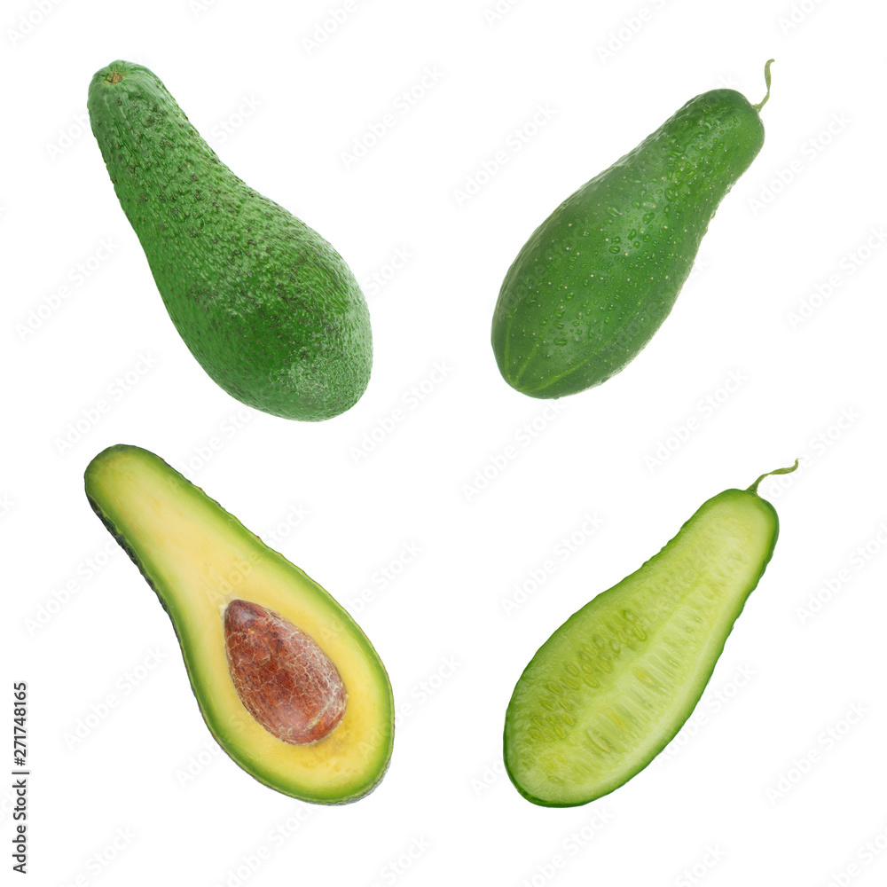 set of slices of avocado and cucumber isolated set of slices of avocado and cucumber isolated