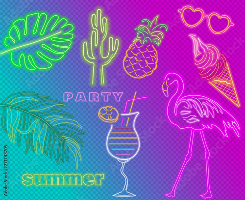 Neon flamingo, cocktails and palm leaves summer tropic banner Vector. Night c...