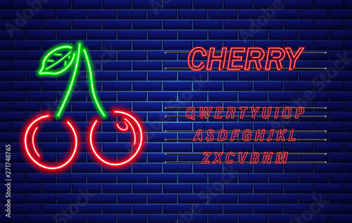 Neon cherry Vector sign. Red fruits with text. Bright glowing signboards