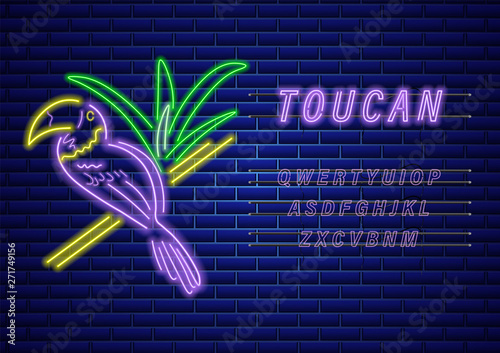 Toucan neon Vector. Glowing shiny colorful bird decor. Banner template texts