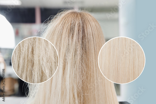 Sick, cut and healthy hair care keratin. Before and after treatment