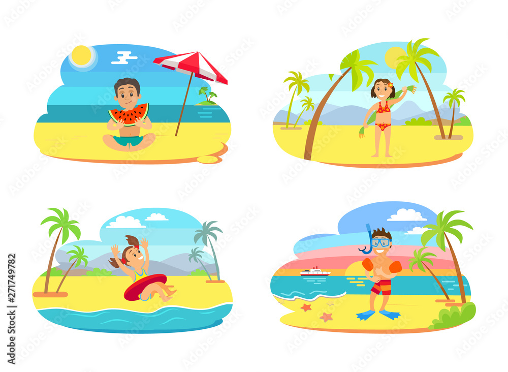 Summertime vector, kids on beach spending vacations. Summer holidays by seaside, child with lifebuoy, girl with towel and boy eating watermelon diving male