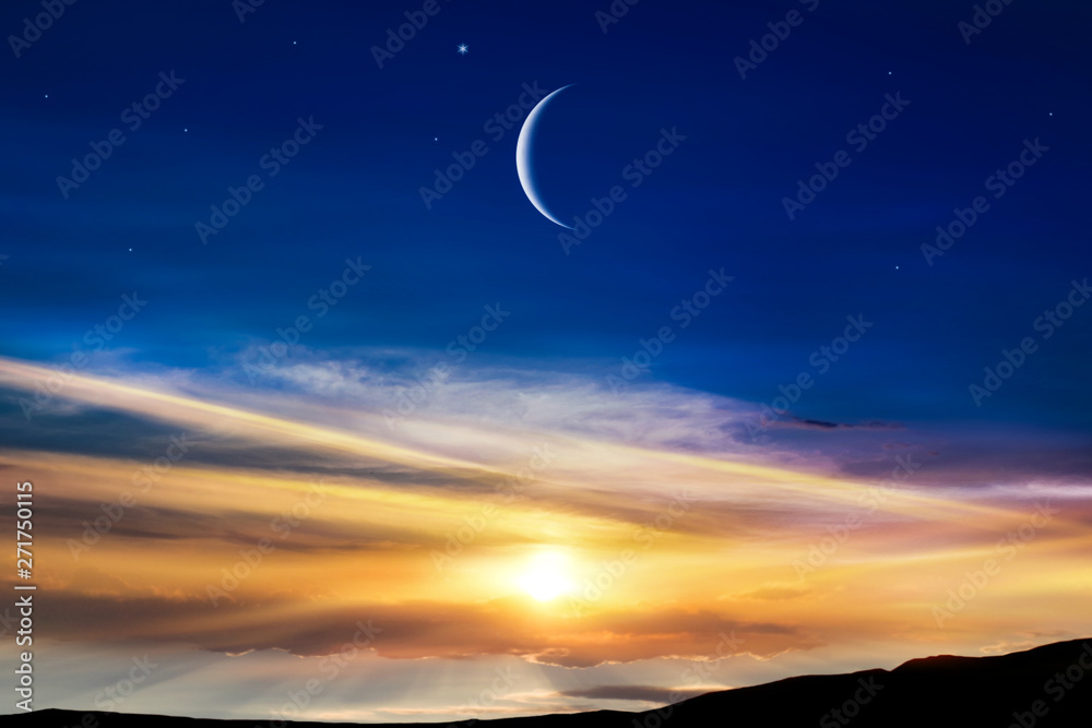 Crescent moon with beautiful sunset background . Generous Ramadan . Religion background . Crescent moon with beautiful sunset background . Generous Ramadan . Religion background .