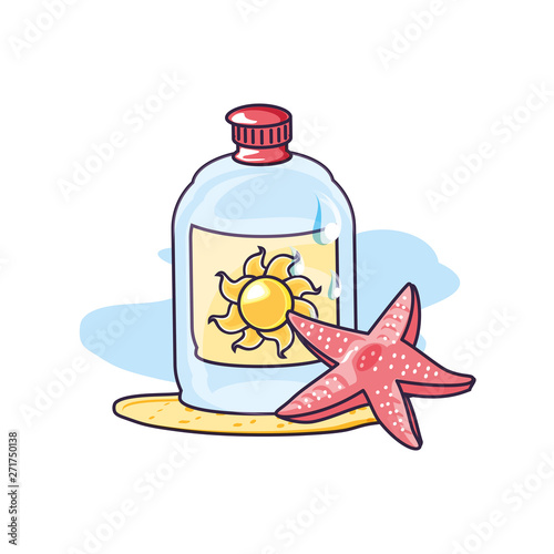 solar blocker bottle in the beach with starfish