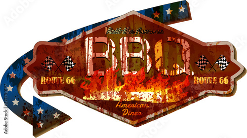 retro super grungy old Route 66 barbecue BBQ diner sign, vintage style vector Illustration
