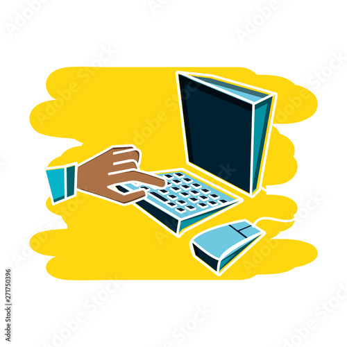 desktop computer with hand isolated icon