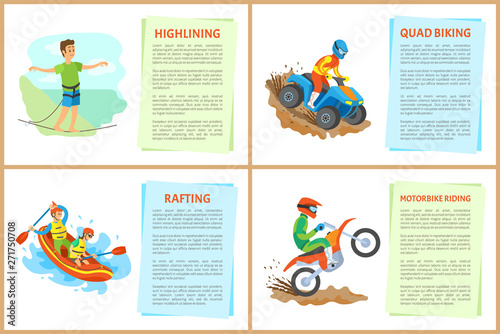 Motorbike riding vector, quad hobby and highlining, people with hobbies. Team in boat, rafting extreme sports. Person male balancing on thin line