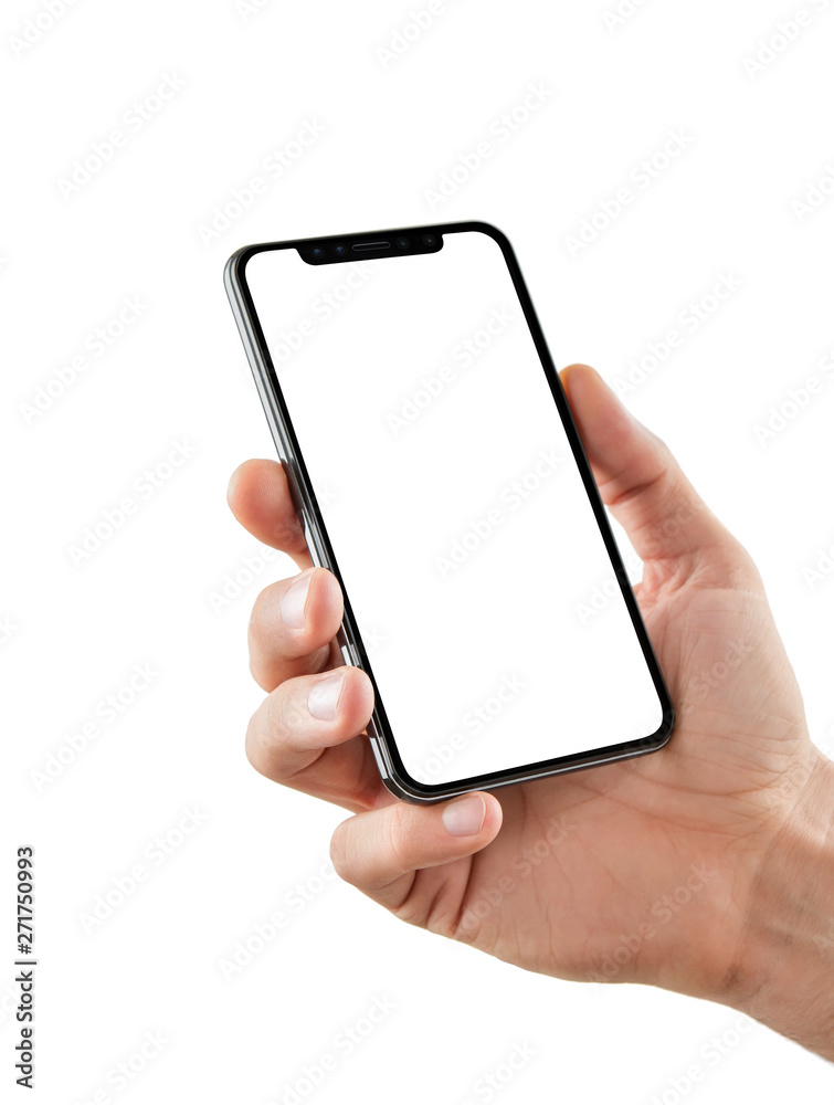Male hand holding blank smart phone isolated on white background with clipping path for the screen Male hand holding blank smart phone isolated on white background with clipping path for the screen