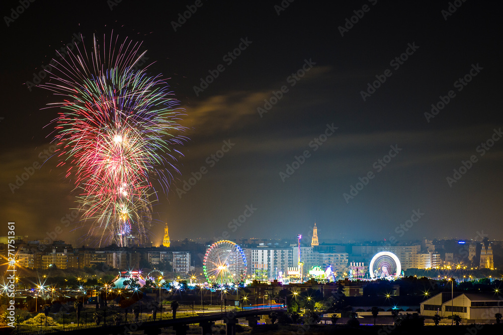 Fireworks Feria de Abril Seville Andalusia Spain in the nigth Fireworks Feria de Abril Seville Andalusia Spain in the nigth