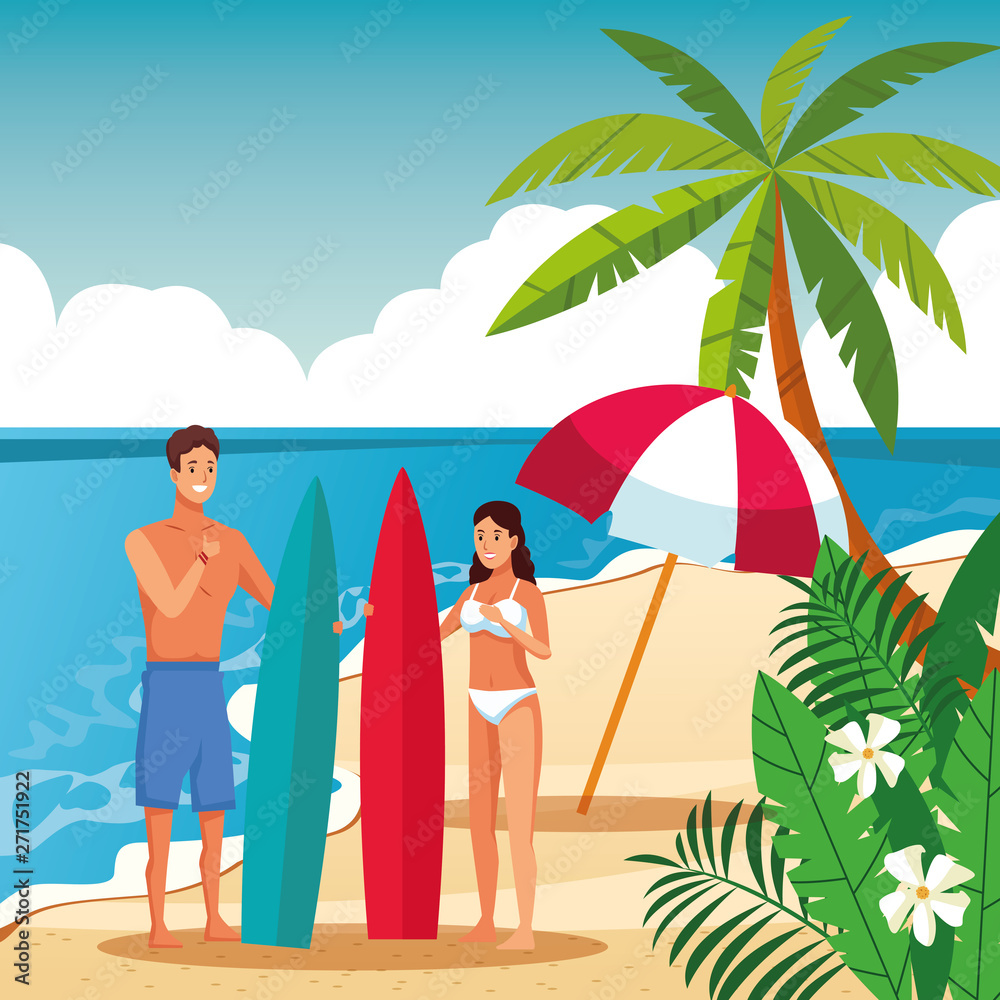 Summer couple in the beach cartoon