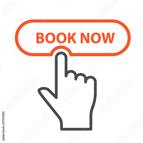 Finger press Book Now button - booking and online reservation icon