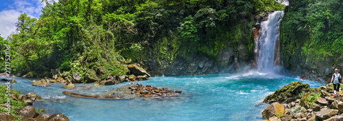 Panoramic view of Rio Celeste river and waterfall, Tenorio volcano national park, Costa rica