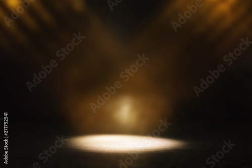 abstract dark concentrate floor scene with mist or fog, spotlight and display photo