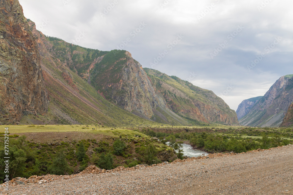 Valley of the Chulyshman River. Picturesque landscape of Altai Mountains. Summer time.