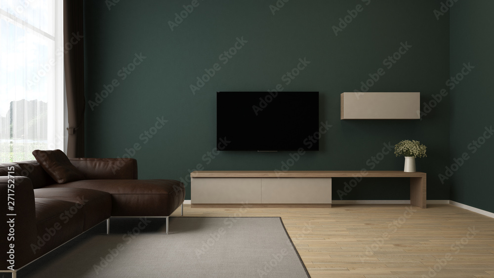 TV cabinet and brown leather sofa in green wall living room with translucent blind curtain on window wall - 3D rendering TV cabinet and brown leather sofa in green wall living room with translucent blind curtain on window wall - 3D rendering