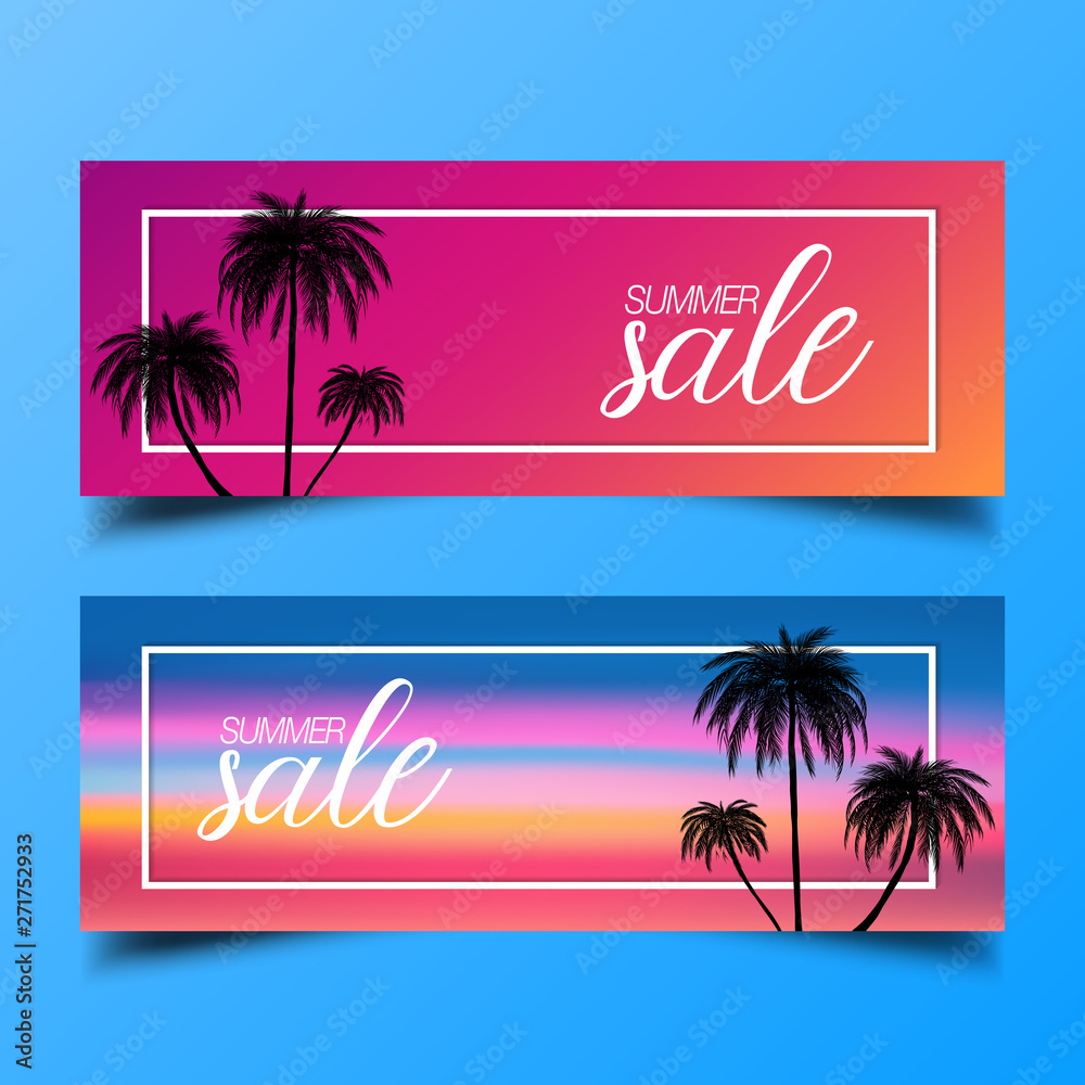 Palm trees silhouette modern summer sale banner , vector