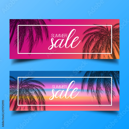Palm trees silhouette modern summer sale banner , vector