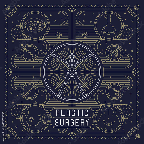 Vector black flat, outline design poster for plastic surgery. Ads for Aesthetic Clinic with woman body, eye, nose, breast, belly. Linear card isolated golden elements: surgery equipment and body part