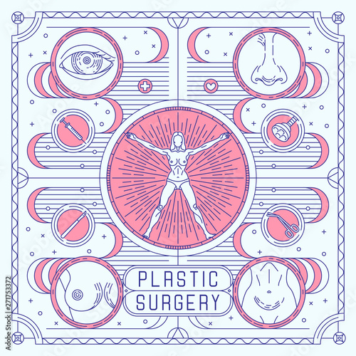 Vector flat, outline design poster for plastic surgery. Ads for Aesthetic Clinic with female body, eye, nose, breast, belly. Linear card: surgery equipment and body part isolated on blue and pink.